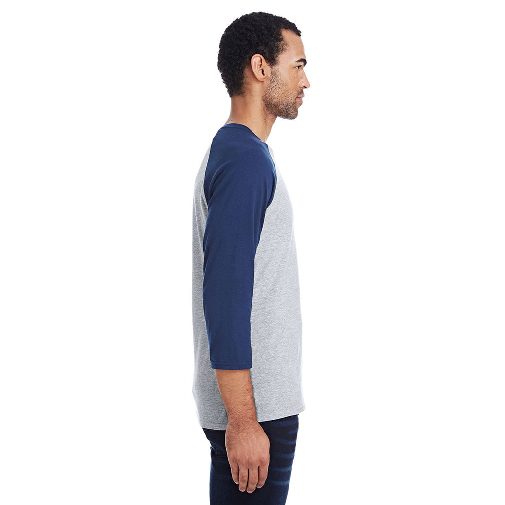 Hanes Men's Light Steel/Navy 4.5 oz. 60/40 Ringspun Cotton/Polyester X-Temp Baseball T-Shirt