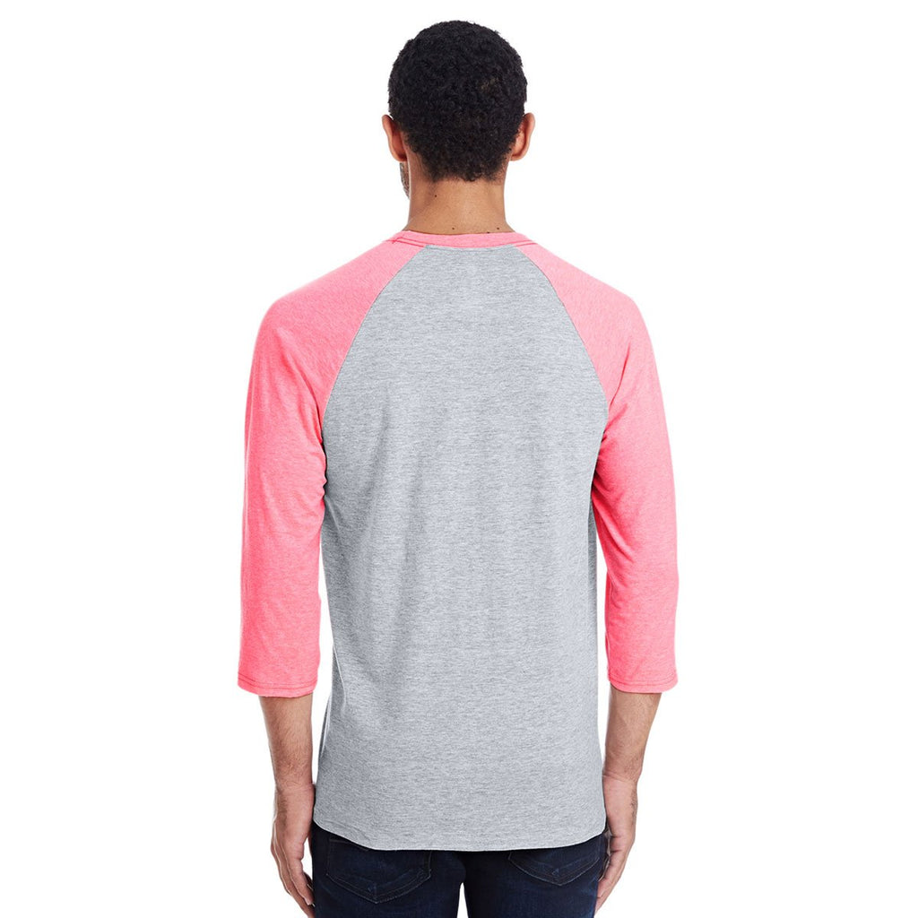 Hanes Men's Light Steel/Neon Pink Heather 4.5 oz. 60/40 Ringspun Cotton/Polyester X-Temp Baseball T-Shirt
