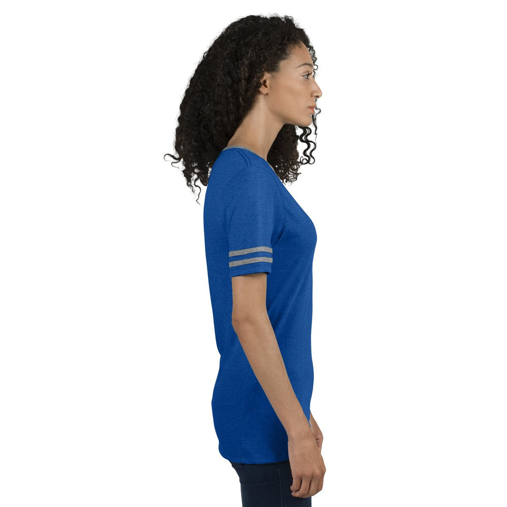 Jerzees Women's True Blue Heather/Oxford 4.5 Oz Tri-Blend Varsity V-Neck T-Shirt