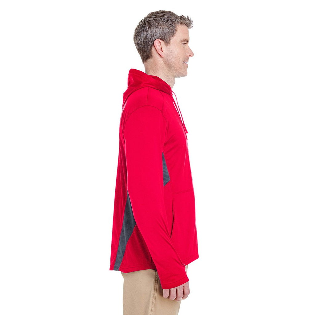 UltraClub Men's Red/Charcoal Cool & Dry Sport Hooded Pullover