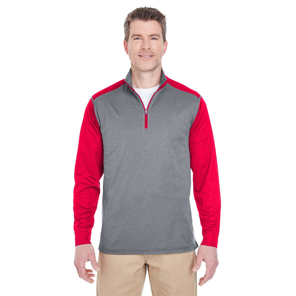 UltraClub Men's Grey Heather/Red Cool & Dry Sport Two-Tone Quarter-Zip Pullover