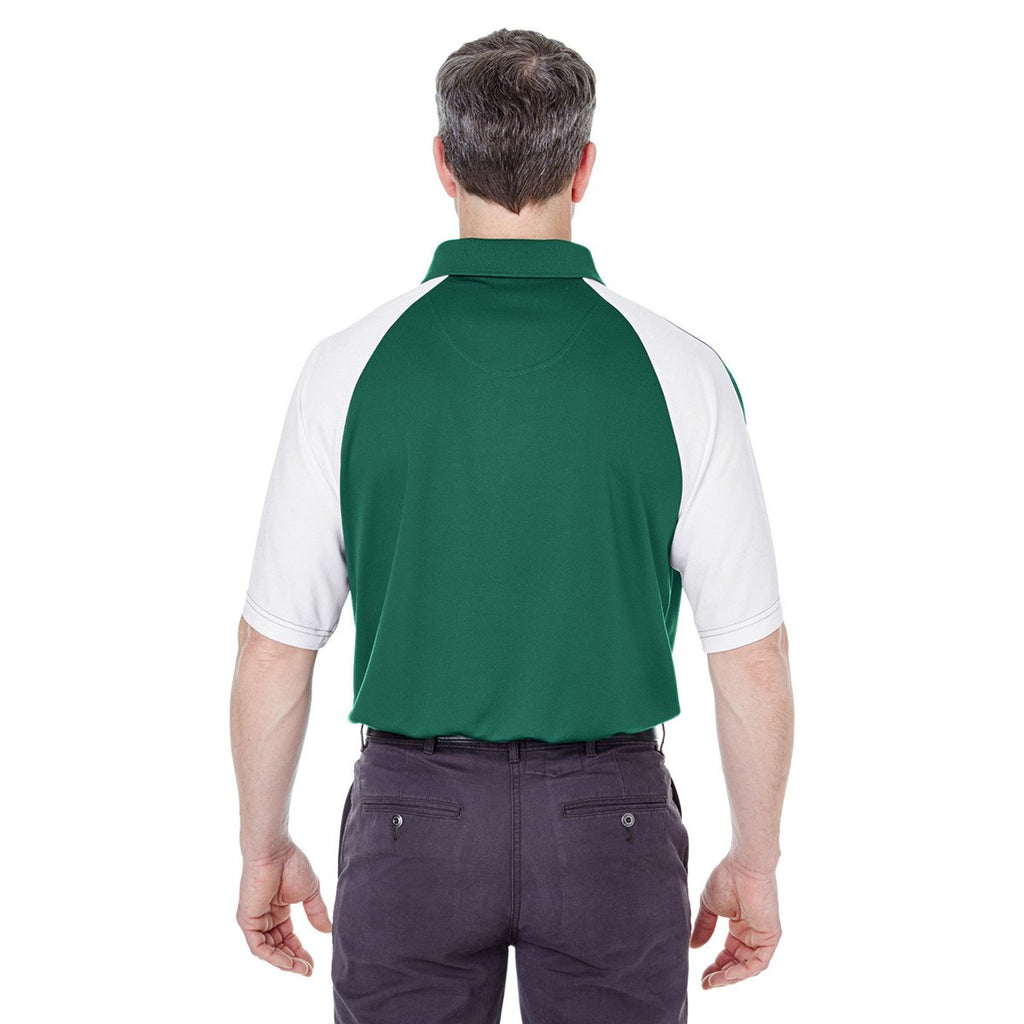 UltraClub Men's Forest Green/White Cool & Dry Sport Shoulder Block Polo
