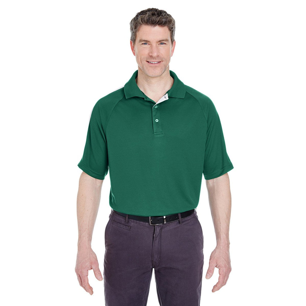UltraClub Men's Forest Green/White Cool & Dry Sport Shoulder Block Polo