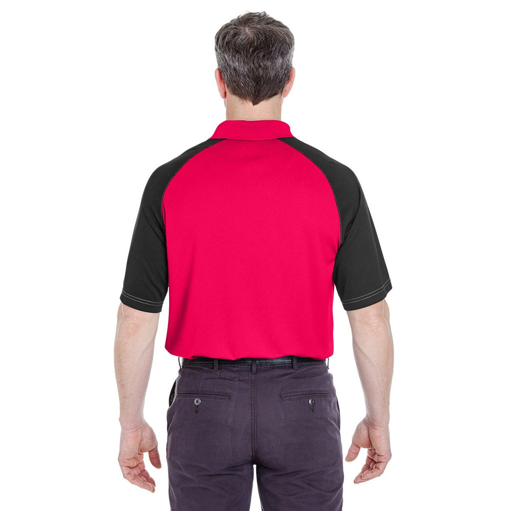 UltraClub Men's Red/Black Cool & Dry Sport Shoulder Block Polo