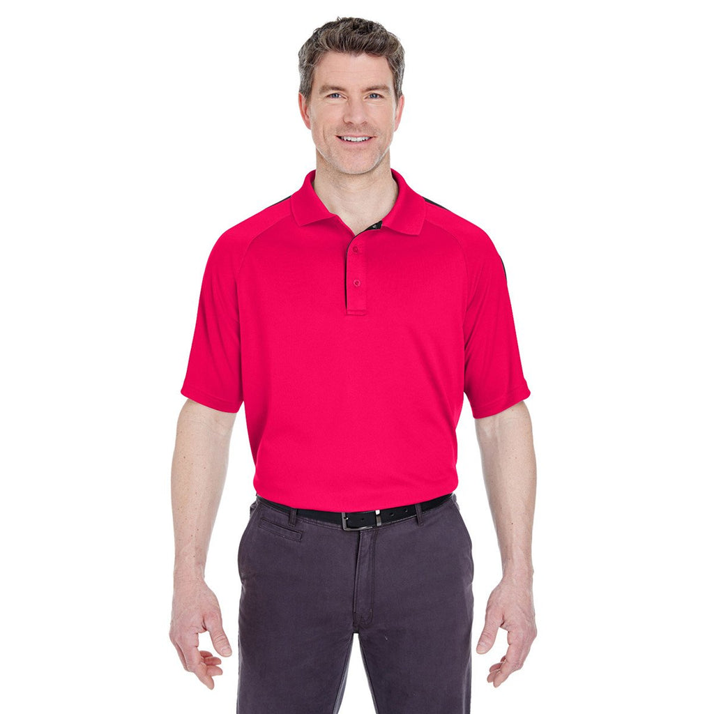 UltraClub Men's Red/Black Cool & Dry Sport Shoulder Block Polo