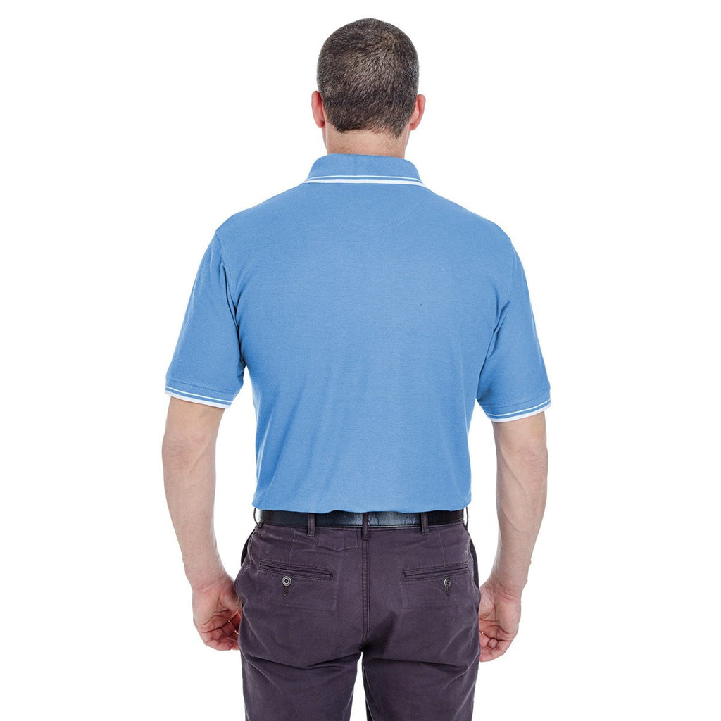 UltraClub Men's Cornflower/White Short-Sleeve Whisper Pique Polo with Tipped Collar and Cuffs