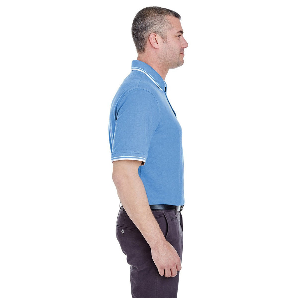 UltraClub Men's Cornflower/White Short-Sleeve Whisper Pique Polo with Tipped Collar and Cuffs