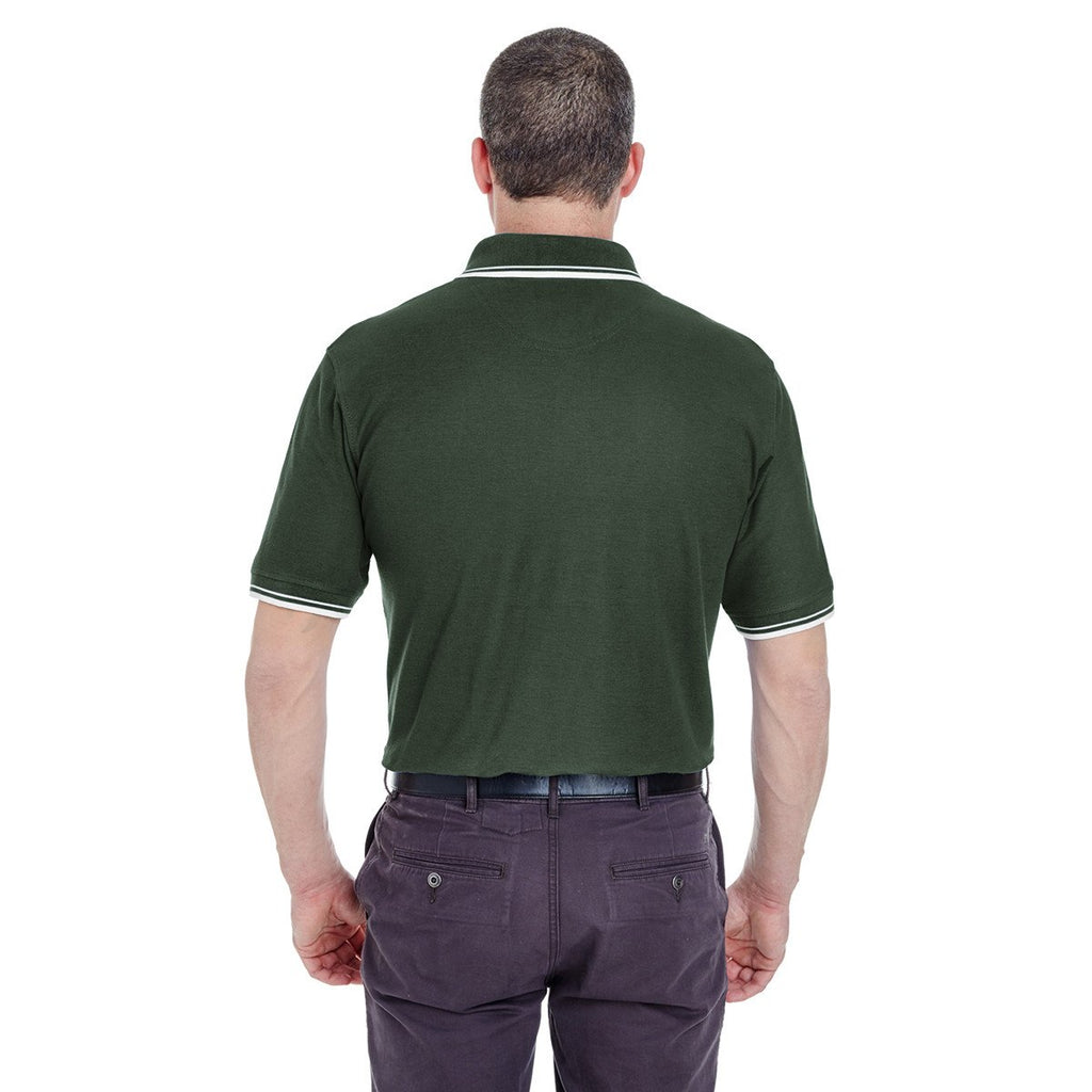 UltraClub Men's Forest Green/White Short-Sleeve Whisper Pique Polo with Tipped Collar and Cuffs