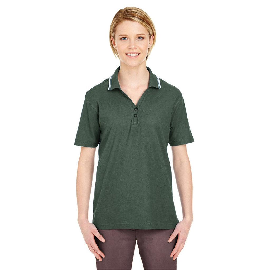 UltraClub Women's Forest Green/White Short-Sleeve Whisper Pique Polo with Tipped Collar