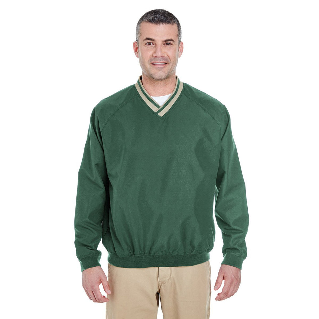 UltraClub Men's Forest Green/Tan Long-Sleeve Microfiber Crossover V-Neck Windshirt