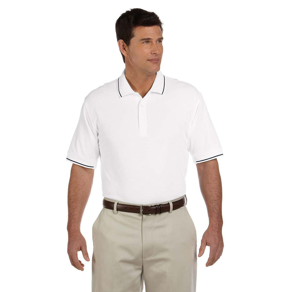 Devon & Jones Men's White/Navy Pima Pique Short-Sleeve Tipped Polo