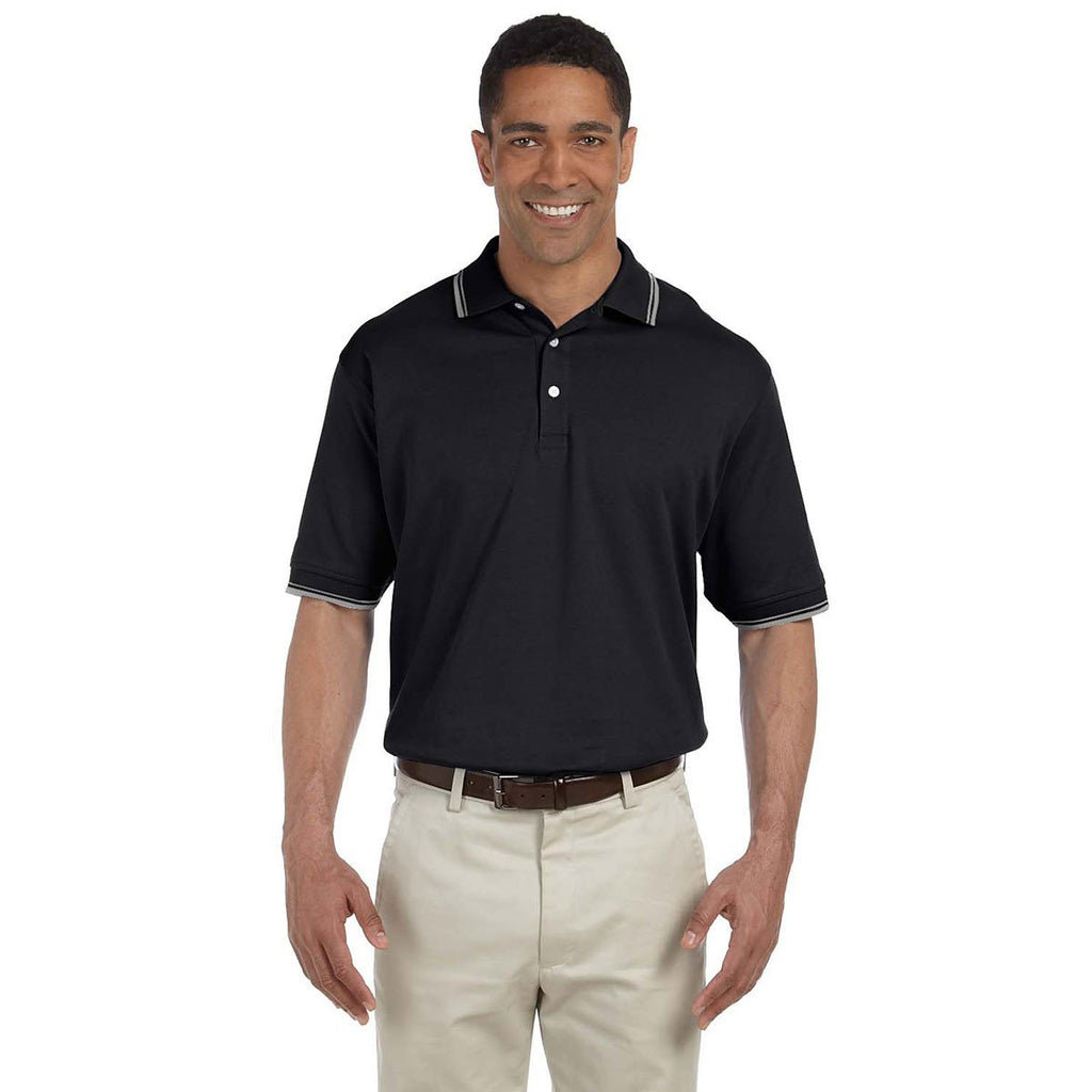 Devon & Jones Men's Black/Grey Heather Tipped Perfect Pima Interlock Polo