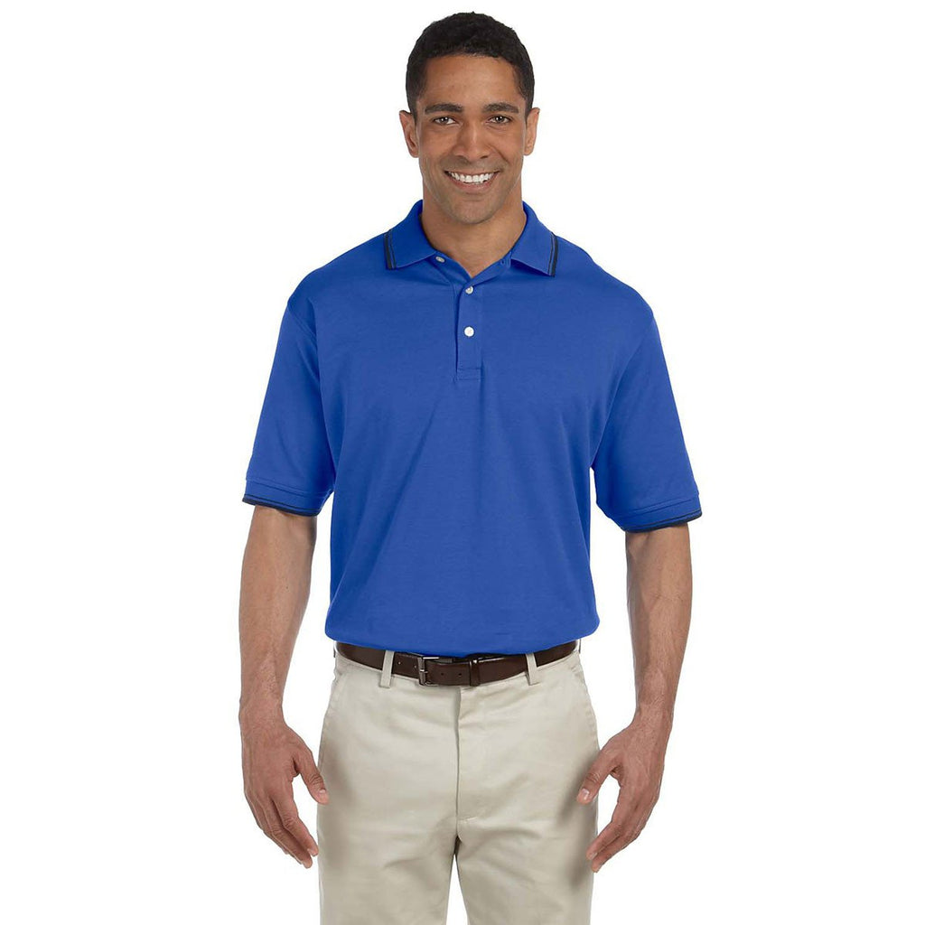 Devon & Jones Men's French Blue/Navy Tipped Perfect Pima Interlock Polo