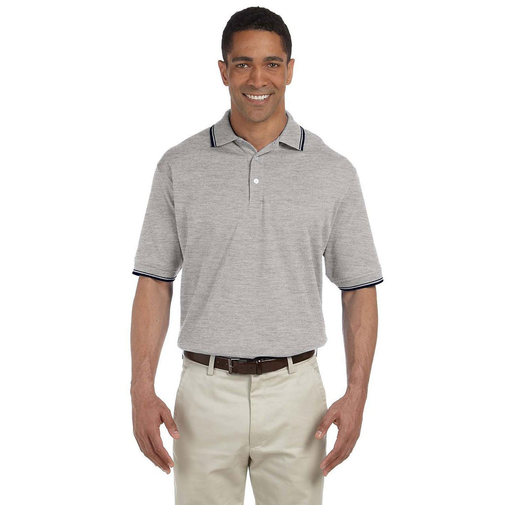 Devon & Jones Men's Grey Heather/Navy Tipped Perfect Pima Interlock Polo