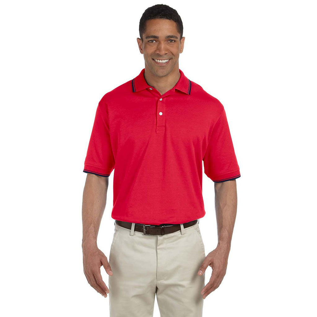 Devon & Jones Men's Red/Navy Tipped Perfect Pima Interlock Polo