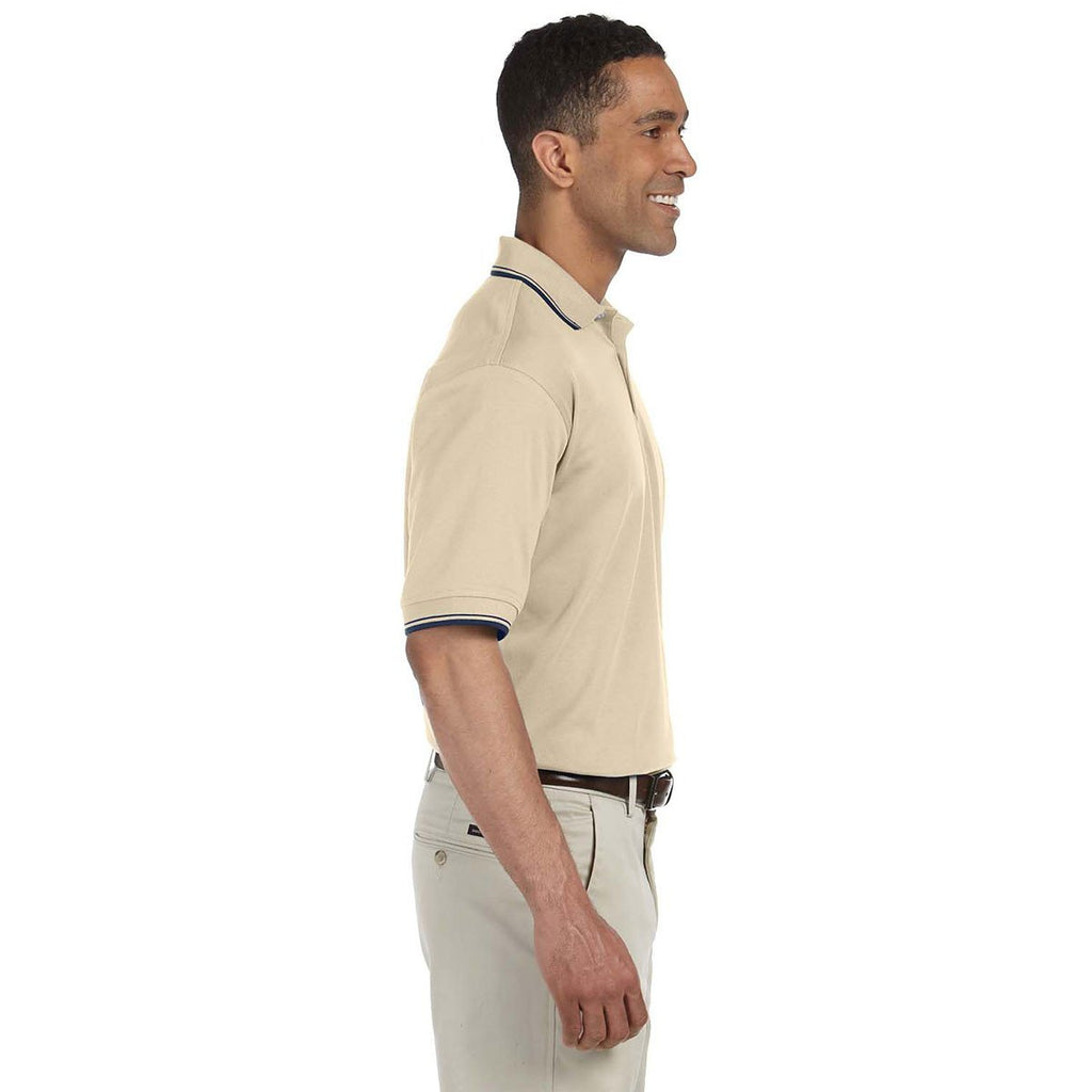 Devon & Jones Men's Stone/Navy Tipped Perfect Pima Interlock Polo