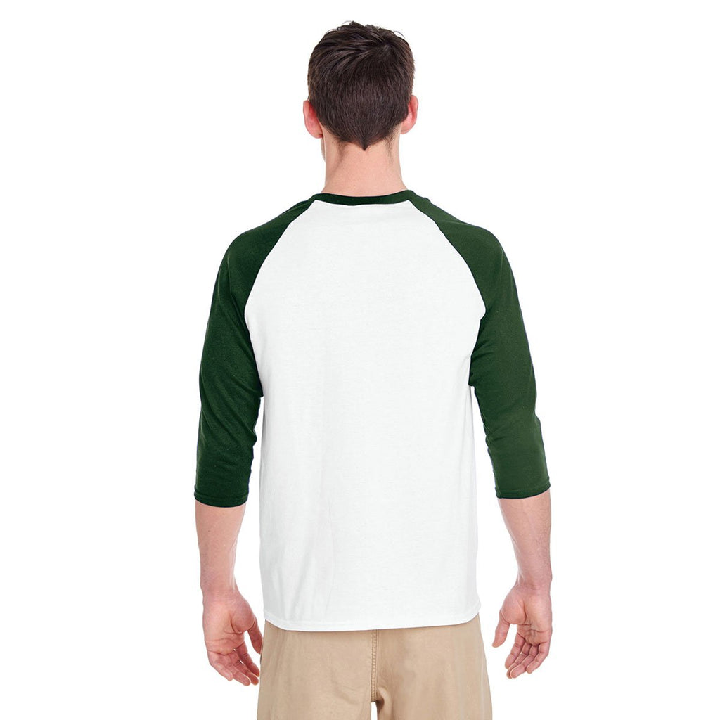 Gildan Men's White/Forest 5.3 oz. 3/4-Raglan Sleeve T-Shirt