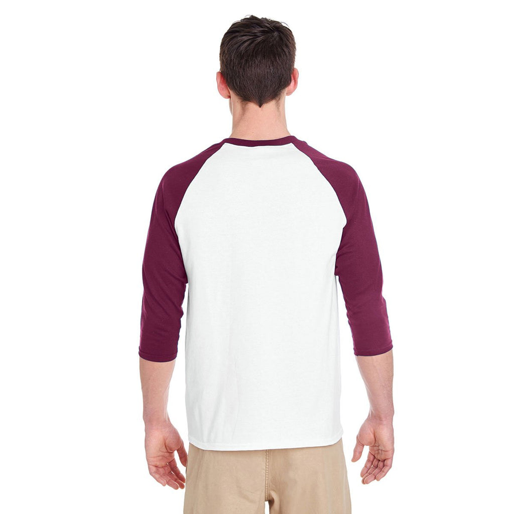 Gildan Men's White/Maroon 5.3 oz. 3/4-Raglan Sleeve T-Shirt