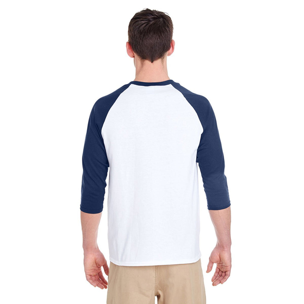 Gildan Men's White/Navy 5.3 oz. 3/4-Raglan Sleeve T-Shirt