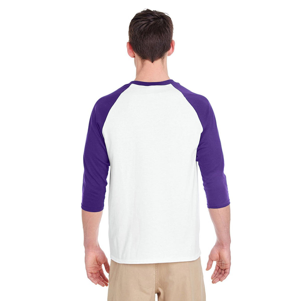 Gildan Men's White/Purple 5.3 oz. 3/4-Raglan Sleeve T-Shirt