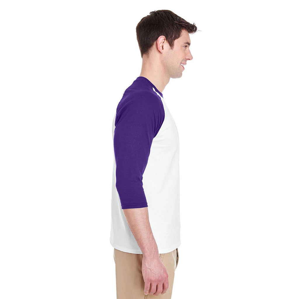 Gildan Men's White/Purple 5.3 oz. 3/4-Raglan Sleeve T-Shirt