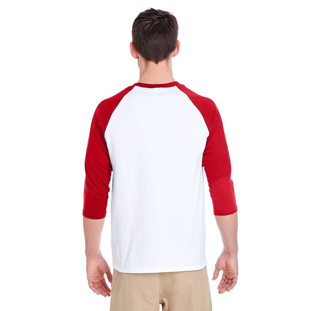 Gildan Men's White/Red 5.3 oz. 3/4-Raglan Sleeve T-Shirt