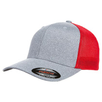 FlexFit Heather/Red Adult Poly Melange Stretch Mesh Cap