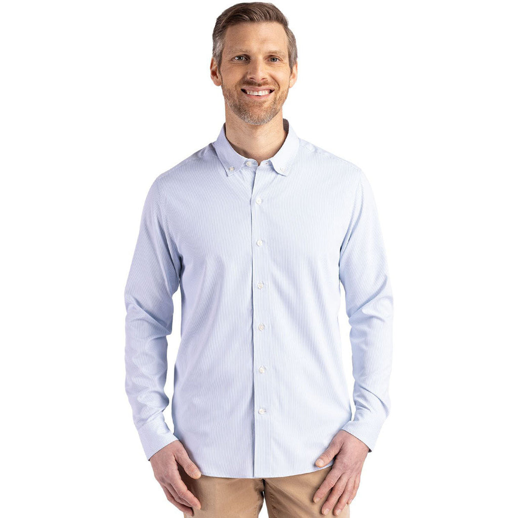 Cutter & Buck Men's Pale Blue/White Skyline Epic Confidence Recycled Pinstripe Long Sleeve Dress Shirt