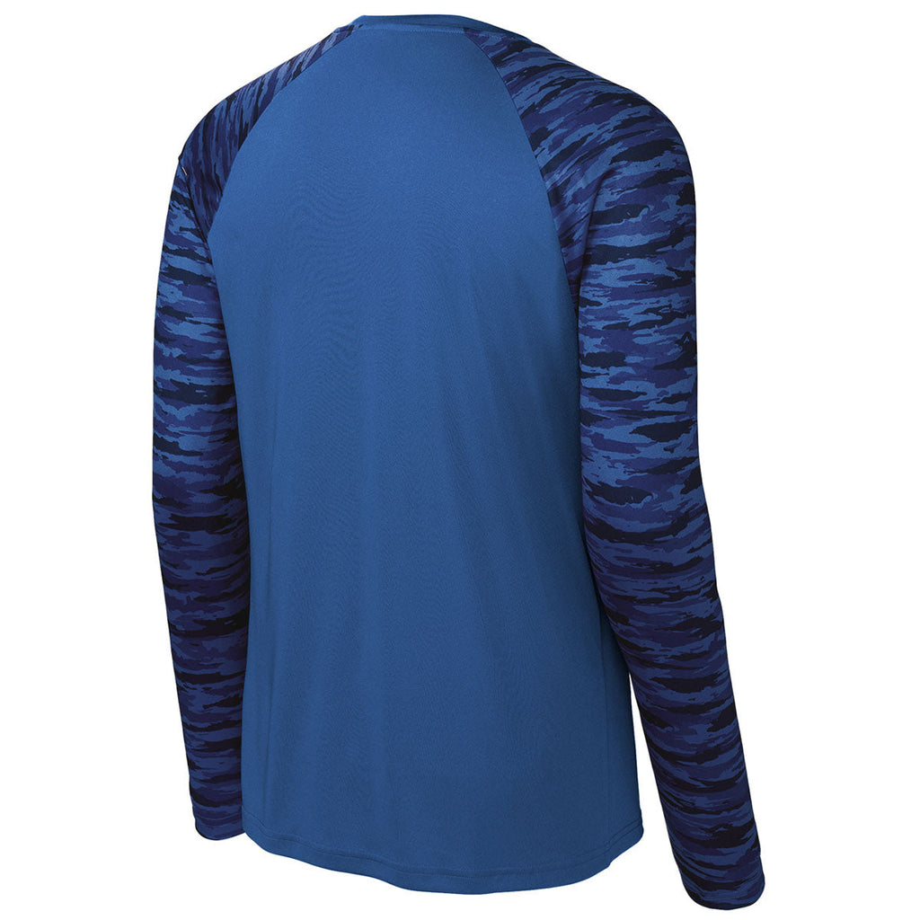 Sport-Tek Men's True Royal Drift Camo Colorblock Long Sleeve Tee