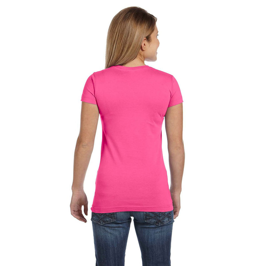 LAT Women's Hot Pink Junior Fit V-Neck Fine Jersey T-Shirt