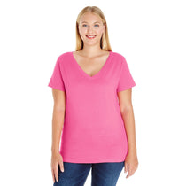 LAT Women's Hot Pink Curvy V-Neck Premium Jersey T-Shirt