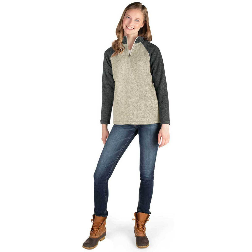 Charles River Women's Oatmeal Heather/Charcoal Heather Quarter Zip Color Blocked Heathered Fleece