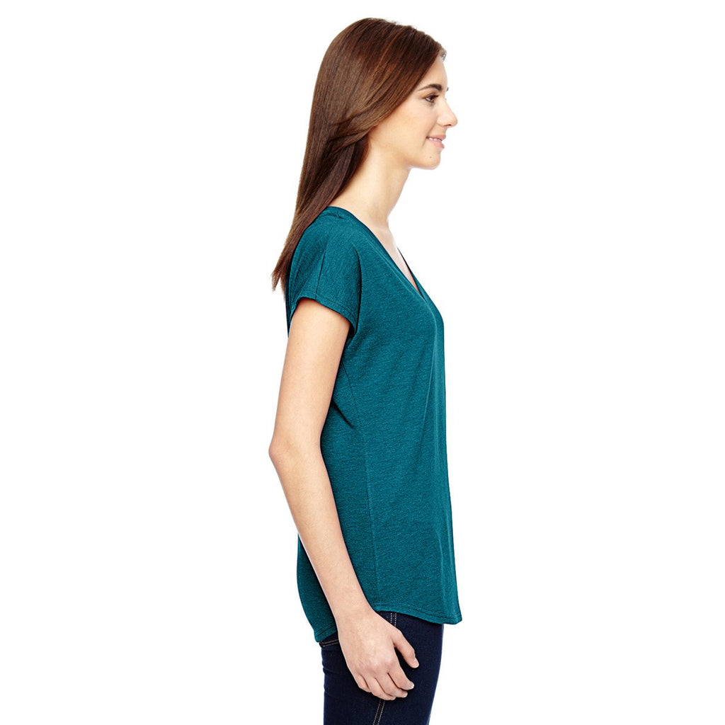 Anvil Women's Heather Galap Blue Triblend V-Neck T-Shirt