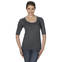 Anvil Women's Heather Dark Grey Triblend Deep Scoop Half-Sleeve T-Shirt