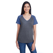 Anvil Women's Heather Grey/Heather Blue Tri-Blend Raglan T-Shirt