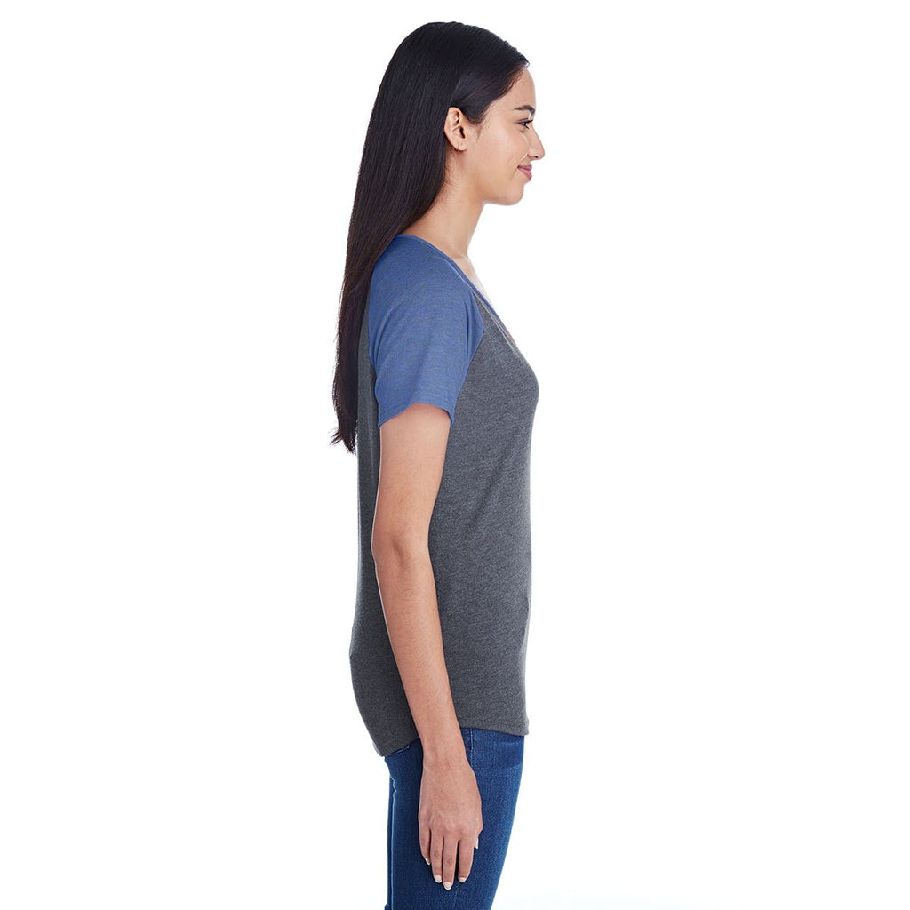 Anvil Women's Heather Grey/Heather Blue Tri-Blend Raglan T-Shirt