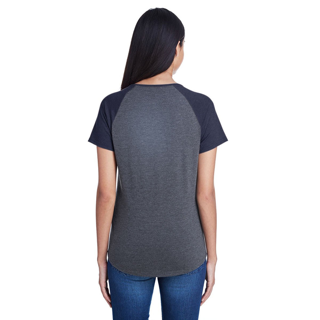 Anvil Women's Heather Grey/Heather Navy Tri-Blend Raglan T-Shirt