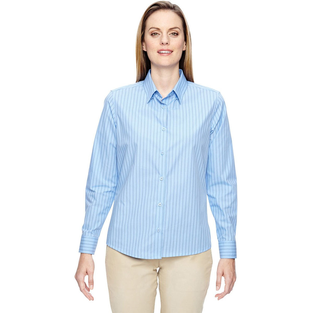 North End Women's Light Blue Align Wrinkle-Resistant Dobby Vertical Striped Shirt