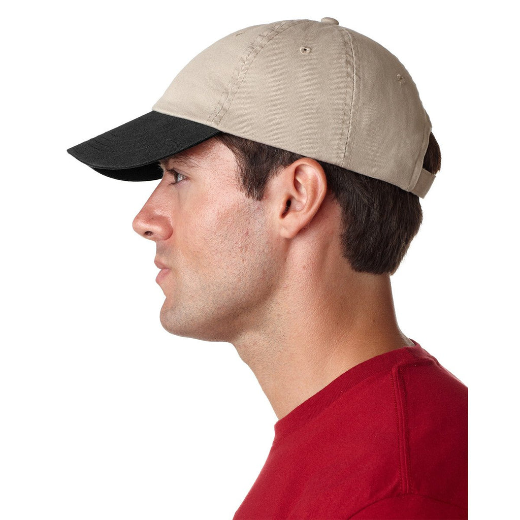 UltraClub Men's Khaki/Black Classic Cut Chino Cotton Twill Unstructured Two-Tone Cap