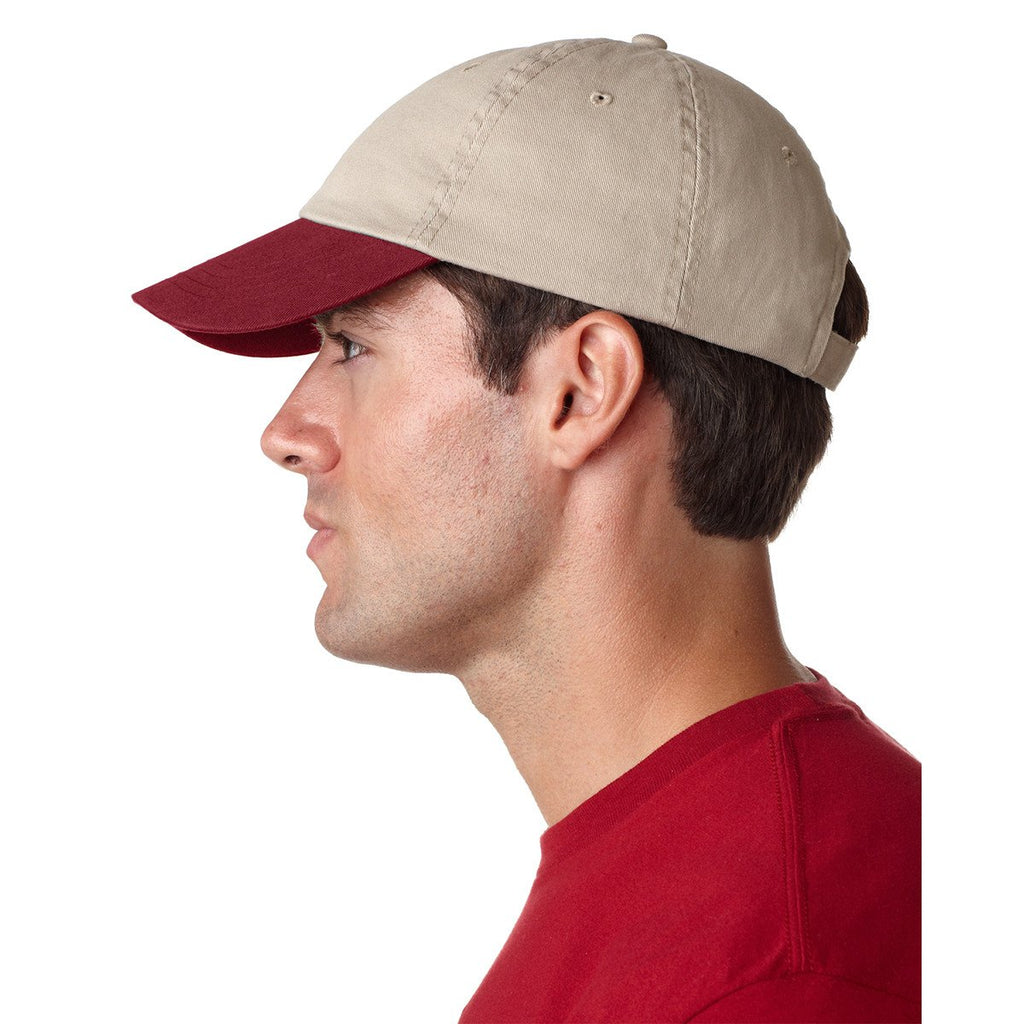 UltraClub Men's Khaki/Maroon Classic Cut Chino Cotton Twill Unstructured Two-Tone Cap