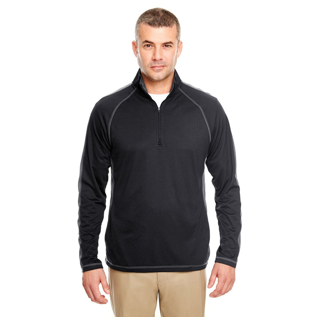 UltraClub Men's Black/Charcoal Cool & Dry Sport Quarter-Zip Pullover with Side & Sleeve Panels