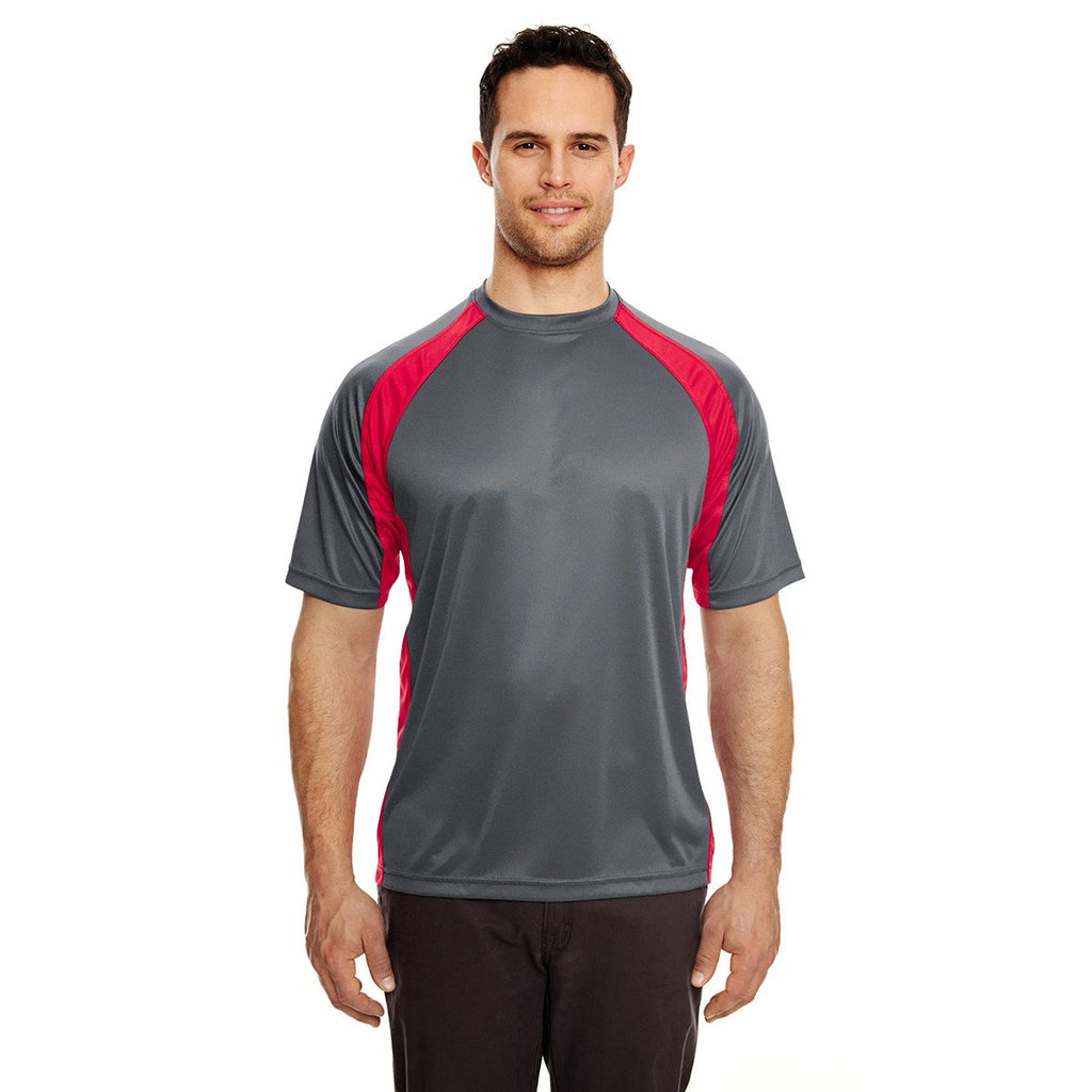 UltraClub Men's Charcoal/Red Cool & Dry Sport Two-Tone Performance Interlock T-Shirt