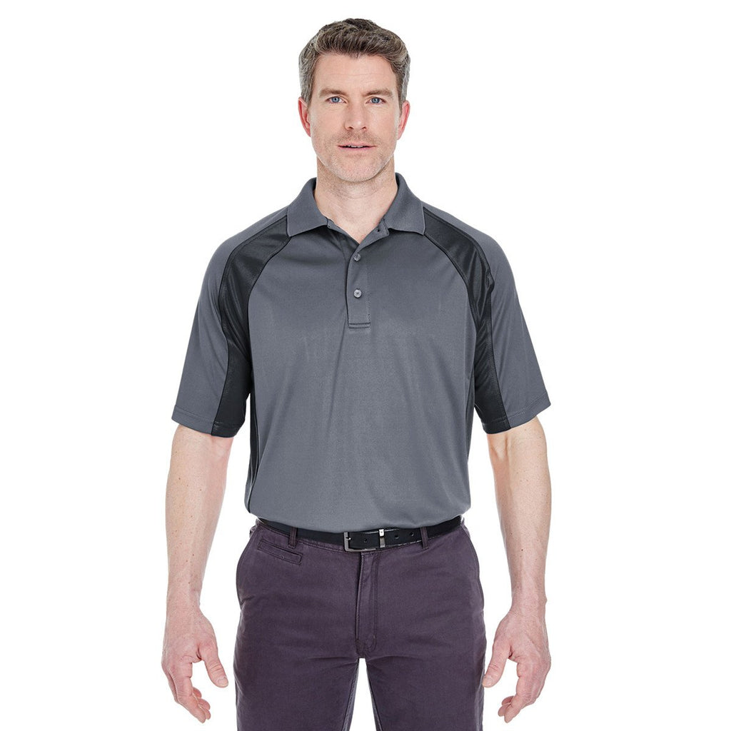 UltraClub Men's Charcoal/Black Cool & Dry Sport Performance Colorblock Interlock Polo