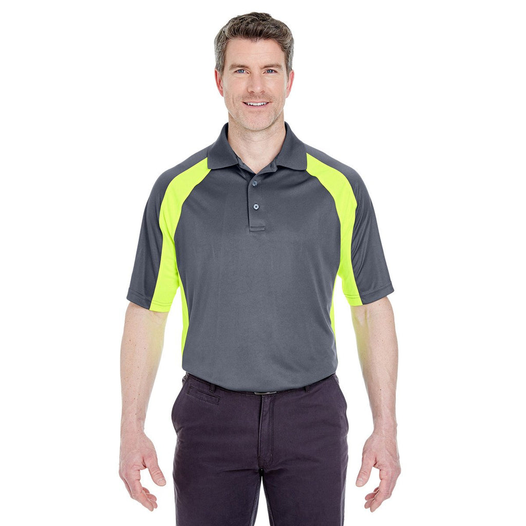 UltraClub Men's Charcoal/Bright Yellow Cool & Dry Sport Performance Colorblock Interlock Polo