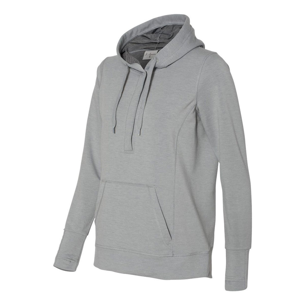 J. America Women's Silver Grey Heather Omega Stretch Terry Snap Placket Hooded Pullover