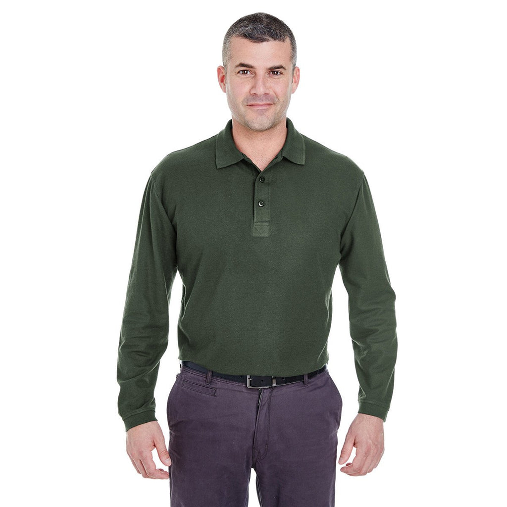 UltraClub Men's Forest Green Long-Sleeve Whisper Pique Polo
