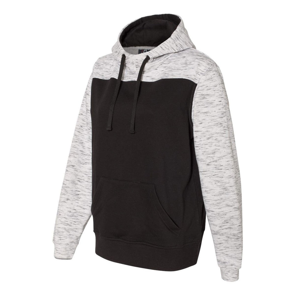 J. America Men's Black/White Melange Fleece Colorblocked Hooded Pullover