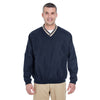 UltraClub Men's Navy/Tan Long-Sleeve Microfiber Crossover V-Neck Windshirt