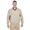 UltraClub Men's Tan/Navy Long-Sleeve Microfiber Crossover V-Neck Windshirt