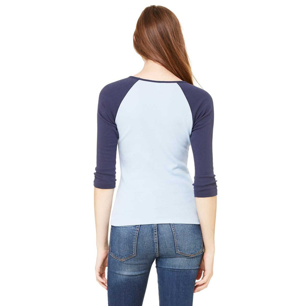Bella + Canvas Women's Baby Blue/Navy Stretch Rib 3/4-Sleeve Contrast Raglan T-Shirt